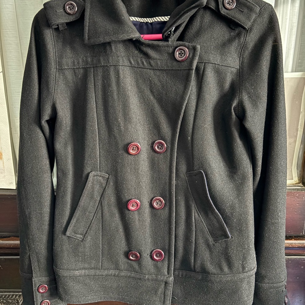 Brooklyn Industries Black Peacoat with Purple Buttons